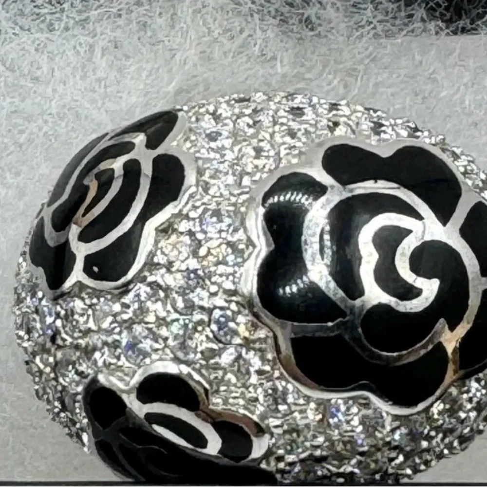VTG RARESerling Silver Ring Black Enamel Roses with Pave Cz Diamonds Size 10